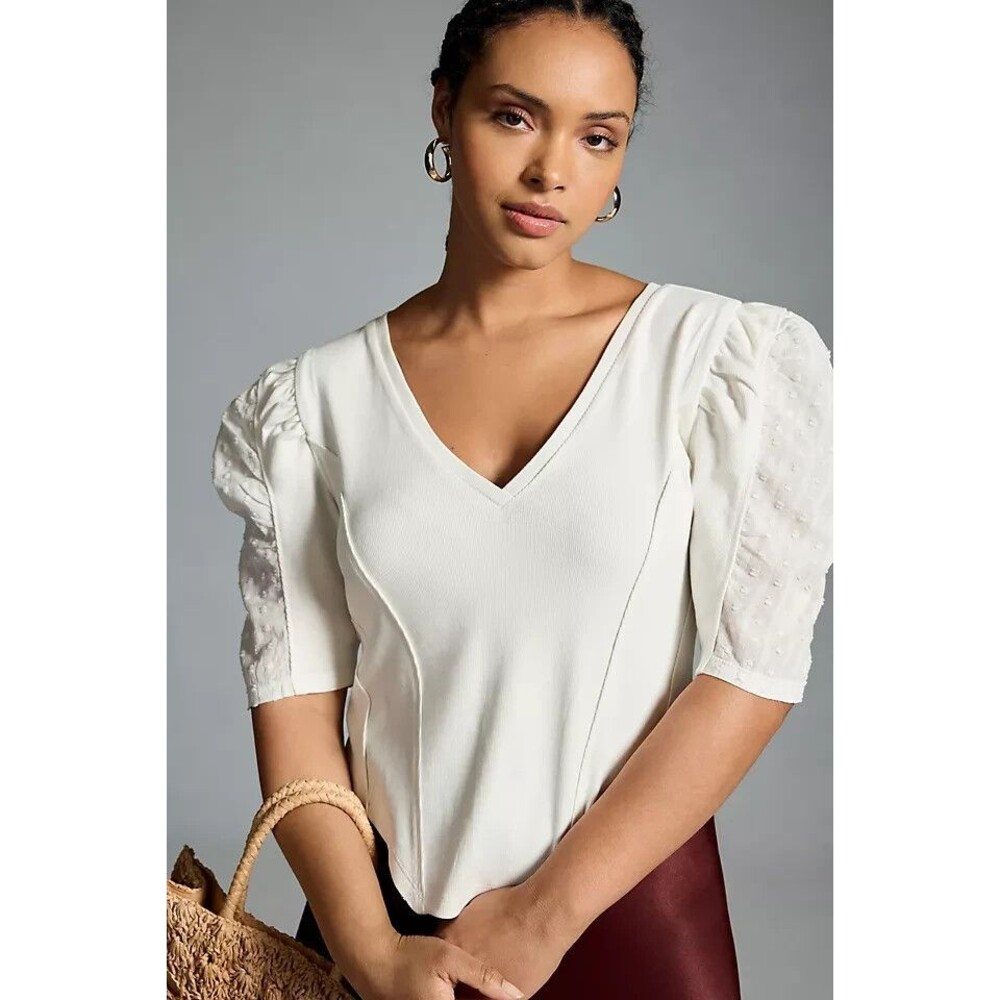 By Anthropologie Puff-Sleeve Structured V-Neck Tee Blouse Top Ribbed S 277538